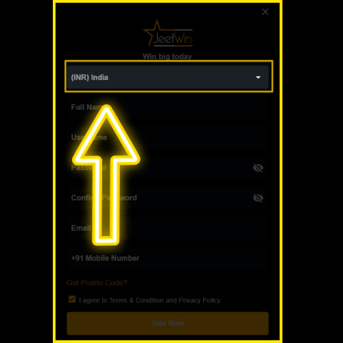 Select your country and currency in Jeetwin