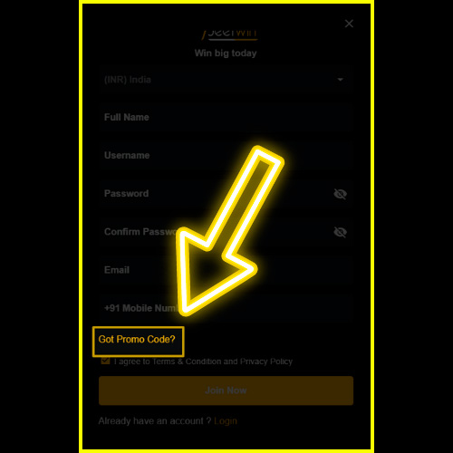 Enter the promo code in Jeetwin